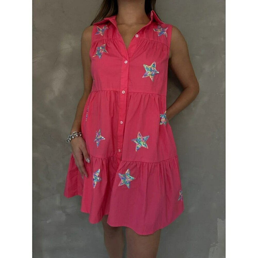 The Brightest Star Sequin Patch Tiered Mini Dress in Fuchsia - Picture 4 of 4
